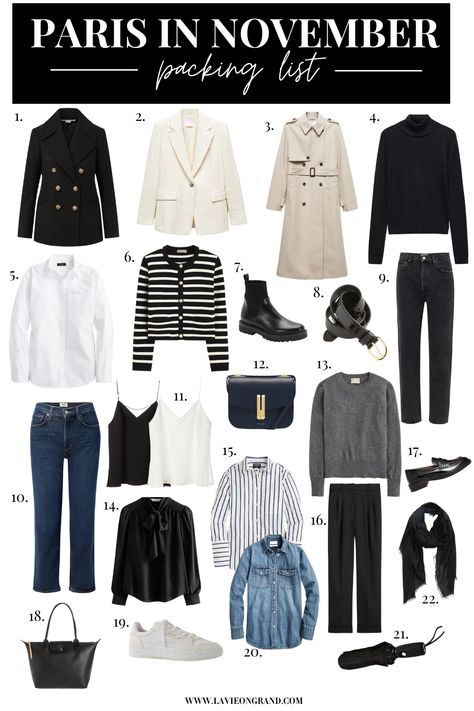 Graphic of 22 items to pack for Paris in November. Paris Weekend Trip Outfits, November In Paris Outfits, Paris Fall Outfits Travel, Europe In November Outfits, Paris Outfits November, London In October Outfits, Fall In Paris Outfit, Paris In November Outfits, Packing For Paris