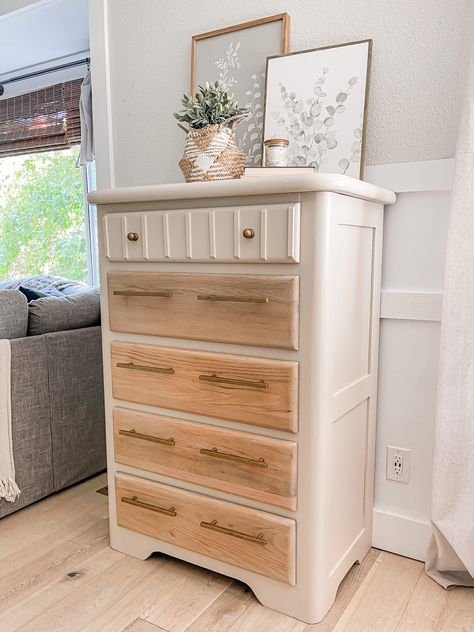 Tall Oak Dresser Gets a New Look Oak Drawers Upcycle, Re Furbished Dresser, Faux Wood Furniture Makeover, Dresser Makeover Tall, Upcycled Drawers Ideas, Repainting Dresser, Two Tone Dresser Makeover, Dresser Diy Makeover, Two Toned Dresser