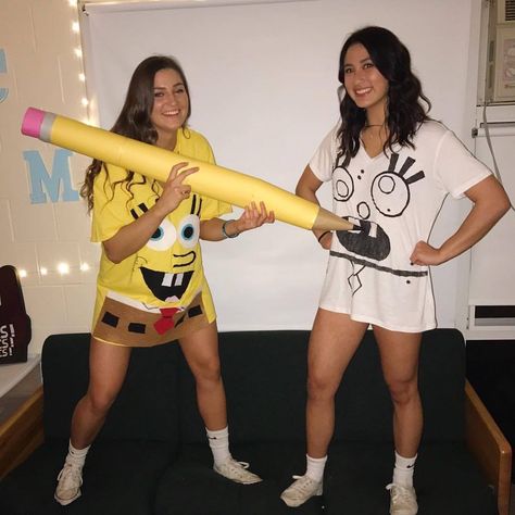 Doodlebob & spongebob Halloween costumes, giant pencil made out of paper Silly Cute Halloween Costumes, Actually Funny Halloween Costumes, Iconic Duos Cartoon Costume, Spongebob Duo Costume, Funny Partner Halloween Costumes, Spongebob Patrick Halloween Costumes, Spongebob Halloween Costumes Group, Doodle Bops Costume, Funny Cute Halloween Costumes For Women