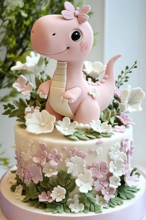 Pink Dinosaur Party Magic 14 Girly Party Ideas Your Little Girl • Dinosaur Cake Girly, Pastel Dinosaur Party, Dino Theme Cake, Pink Dinosaur Cake, Girly Dinosaur Party, Girl Dinosaur Birthday Party, Dinosaur Party Theme, Dinosaur Party Ideas, Pink Dinosaur Party