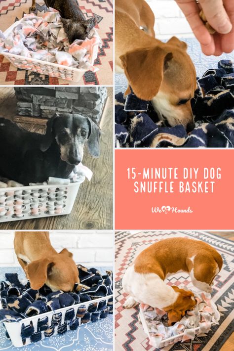 The 15-Minute DIY Dog Snuffle Basket is quick and easy to make, and its miniature size makes it a perfectly portable puzzle toy! Your dog will love the challenge to the very last bite! #tdif #thankdogitsfriday #wehearthounds  Interested in making your own? Check out the step-by-step instructions https://wehearthounds.com/snuffle-basket  #snufflemat #snuffletoy #dogtoyshomemade #diydogstuff #dogbraintraining #diydogtoys Easy Diy Dog Toys, How To Make A Snuffle Mat, Easy Dog Enrichment, Diy Dog Puzzle Toys, Diy Dog Items, Dog Mind Stimulation Diy, Puppy Toys Diy, Diy Dog Puzzles Enrichment Activities, Diy Dog Enrichment Toys