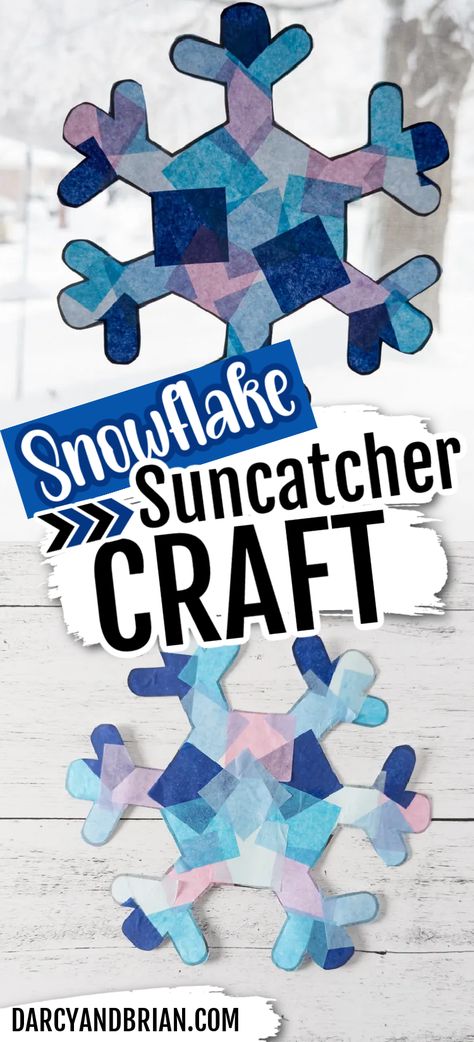 Easy snowflake suncatcher craft complete with free printable template! Perfect for preschoolers or older kids. Make it at home or in the classroom for a winter themed art center. Snow Flake Craft Kids, Winter Craft Classroom, Up In The Sky Preschool Theme, Snowflake Kindergarten Craft, Fun Winter Art Projects For Kids, Prek Snowflake Craft, How To Do Snowflakes Paper, Snowflake Craft For Preschool, School Age Winter Crafts