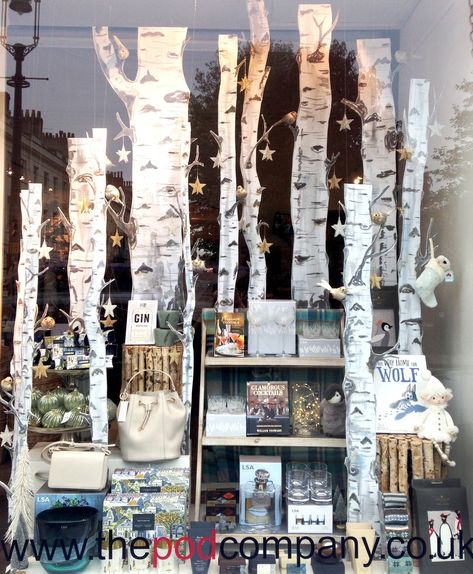 Silver birch forest Christmas 2018 Birch Tree Display, Birch Tree Window Display, Mountain Window Display, Autumn Window Displays Retail Store Fronts, Woodland Christmas Window Display, Small Shop Window Display Ideas, Woodland Window Display, Retail Christmas Windows, Snowman Window Display