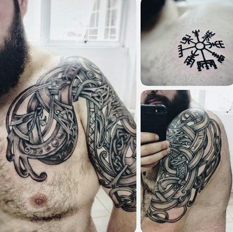 Nordic Tattoos, Viking Tattoos For Men, Traditional Viking Tattoos, Celtic Sleeve Tattoos, Norse Tattoos, Shield Tattoo, Arte Viking, Viking Tattoo Sleeve, Scandinavian Tattoo