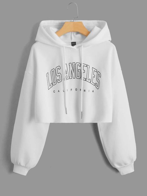 SHEIN EZwear Letter Graphic Drop Shoulder Crop Drawstring Hoodie Los Angeles Print, Crop Top Hoodie, Cute Preppy Outfits, Oversize Fashion, Winter Sweatshirt, Cute Sweatshirts, Really Cute Outfits, Cute Sweaters, Drawstring Hoodie