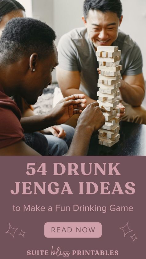 Drunk Jenga is a fantastic tower drinking game to play with friends. I personally find the Jenga drinking games you can buy a bit repetitive so we’ve created a mash-up of kings cup rules/ring of fire rules mixed with a drunken tower to make for an epic night of fun! #drunkjenga #partygames Rules For Drinking Games, Drinking Game Rules Ideas, Jenga Bachelorette Game, Drinking Challenges Games, Drinking Jenga Ideas, Jenga Drinking Game Ideas, Jenga Drinking Game Diy, Drink Jenga Ideas, Drunk Jenga Ideas