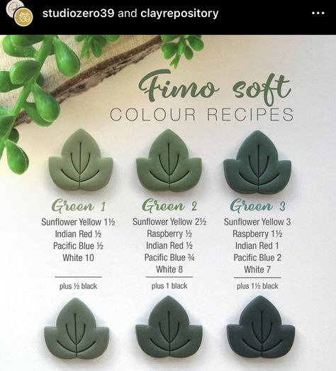 Green Clay Recipes, Sage Green Clay Recipe, Mixing Clay Colors, Color Clay Ideas, Fimo Soft Color Recipes, Green Polymer Clay Recipe, Fimo Color Recipes, Polymer Clay Color Mixing Chart, Polymer Clay Recipes