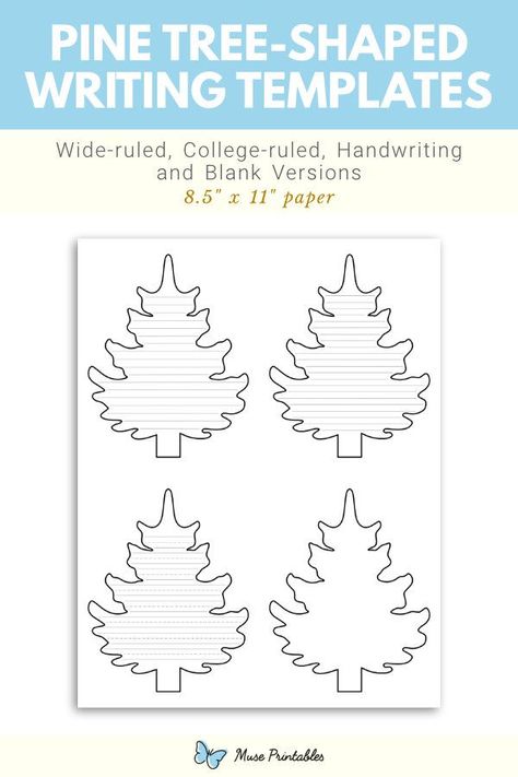 Free printable pine tree-shaped writing templates. This PDF download includes wide ruled, narrow ruled, handwriting, and blank versions. Download the templates at https://museprintables.com/download/writing-template/pine-tree-shaped/ Paper Pine Tree, Infant Projects, Writing Paper Template, Handwriting Lines, Lined Writing Paper, Tree Template, Tree Templates, Writing Templates, Tree Shapes