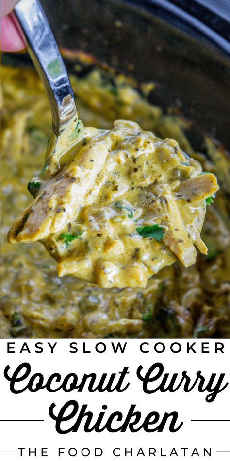 Slow Cooker Basil Chicken Coconut Curry Recipe from The Food Charlatan. This Slow Cooker Coconut Curry Chicken is one of the best curries I've ever had! The sauce starts with the coconut milk with jalapeño and red onion. It's not too spicy, but has tons of flavor! The sweetness from the coconut and the earthy tones from the yellow curry balance each other perfectly. The slow cooker makes it really easy to set it and forget it. This is a great meal for busy weeknights. Serve with rice or naan. Crockpot Green Curry Chicken, Healthy Crockpot Dinners Clean Eating, Slow Cooker Indian Curry, Aip Slow Cooker Recipes, Slow Cooker Basil Chicken Coconut Curry, Slow Cooker Basil Chicken, Crockpot Thai Chicken Curry, Slow Cooker Coconut Curry Chicken, Crockpot Curry Chicken