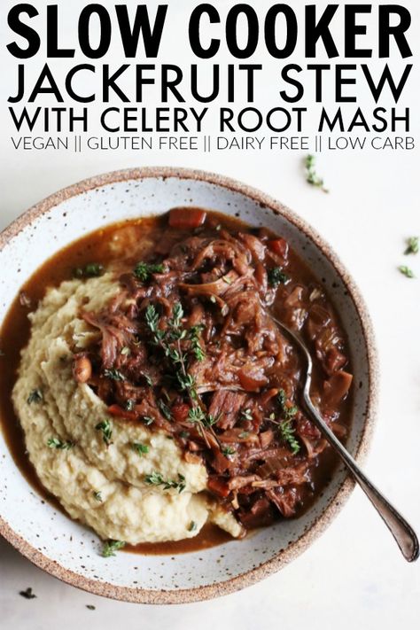 This Slow Cooker Jackfruit Stew + Celery Root Mash is the perfect hearty, cozy, comforting crock pot recipe to curl up with on a chilly day. thetoastedpinenut.com #thetoastedpinenut #slowcooker #slowcookerstew #crockpot #crockpotstew #jackfruit #pulledjackfruit #jackfruitstew #veganstew #celeryroot #celeryrootmash #vegetarianstew Jackfruit Stew, Vegetarian Stew, Vegan Slow Cooker Recipes, Vegan Crockpot, Jackfruit Recipes, Vegan Slow Cooker, Crockpot Stew, Crock Pot Recipe, Vegan Stew