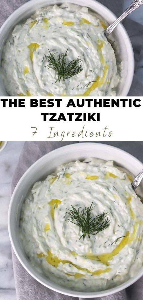 Tzatziki is a delicious salted cucumber and creamy dill yogurt dip. This authentic recipe is made with only 7 ingredients and is super easy to make! Dill Yogurt Dip, Cucumber Dip, Quick Meal Prep, Meal Prep Snacks, Yogurt Dip, Delicious Gluten Free Recipes, Bowl Recipes, Mousse Recipes, Sour Taste