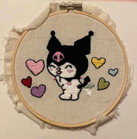 Embroidery Hello Kitty, Kuromi Cross Stitch, Sanrio Embroidery, Kuromi Embroidery, Hello Kitty Embroidery, Embroidery Stitches Beginner, Cute Cushions, Embroidery Hoop Wall Art, Diy Perler Bead Crafts