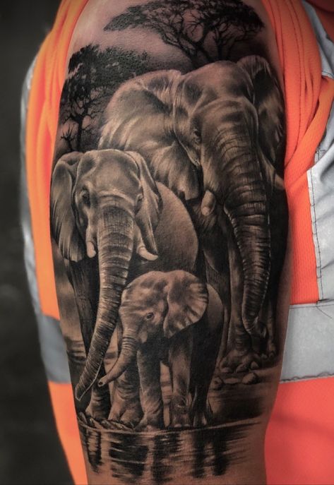 Realistic Elephant Tattoo, Family Sleeve Tattoo, African Sleeve Tattoo, Elephant Thigh Tattoo, Elephant Family Tattoo, Elephant Tattoo Meaning, Africa Tattoos, Animal Sleeve Tattoo, Lion Tattoo Sleeves