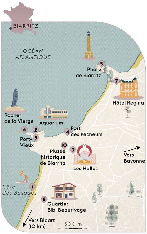 Biarritz Aesthetic, Biarritz France, Europe 2024, France Aesthetic, Fav Place, Travel France, France Map, Basque Country, Illustrated Map