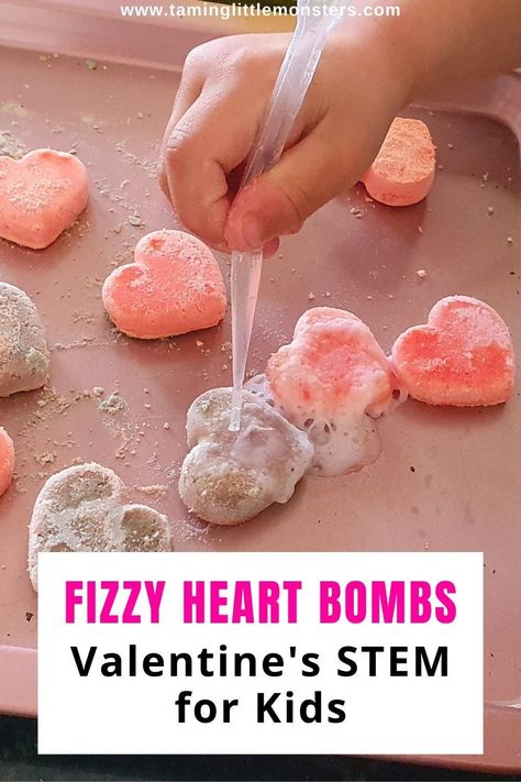 Fizzy Heart Bombs (Valentines STEM for Kids). Fun Valentine's day themed science activity for toddlers and preschoolers. #valentine #STEM #science #toddler #preschool #kindergarten Prek Valentines Science, Heart Stem Activities For Kids, Stem Valentines Activities For Kids, Love Activities For Preschool, Heart Activities For Toddlers, February Toddler Activities, Valentines Stem, Valentines Day Stem, February Stem Activities