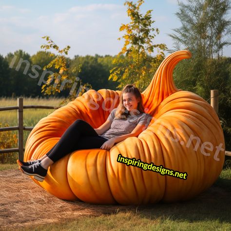 These Giant Pumpkin Shaped Loungers are the Halloween Season’s Most Wanted Furniture Piece! Porch Pumpkins, Giant Pumpkin, Cinderella Carriage, Pumpkin House, Harvest Party, Most Wanted, Halloween Season, Autumn Inspiration, Leaf Shapes