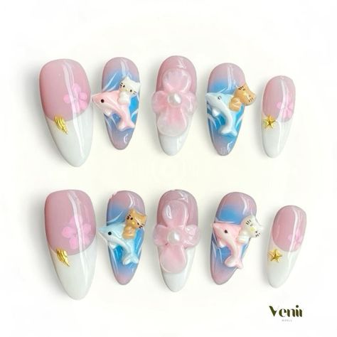 Dolphin Nails, Nail Collection, Vacation Nails, Pastel Flowers, Nail Charms, Summer Nail, Almond Nails, Dolphins, Press On Nails