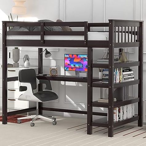 Amazon.com: Merax Full Size Loft Bed with Storage Shelves and Under-Bed Desk Solid Wood Bed, Espresso : Home & Kitchen Lift Up Bed, Loft Bed With Storage, Desk And Shelves, Full Size Loft Bed, Wood Loft Bed, Loft Bed With Desk, Loft Bed Frame, Bed With Desk, Dorm Furniture