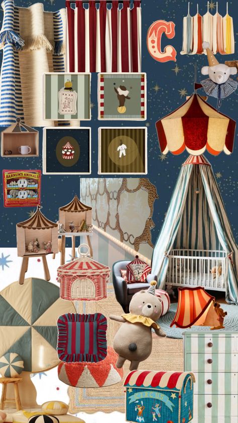 Moody and bold tones make a statement with fun whimsical circus characters. This theme will make your nursery so cozy and magical. Carnival Nursery Theme, Clown Nursery Theme, 90s Nursery Theme, Circus Kids Room, Circus Nursery Theme Vintage, Whimsical Boy Nursery, Circus Theme Nursery, Circus Playroom, Vintage Circus Aesthetic