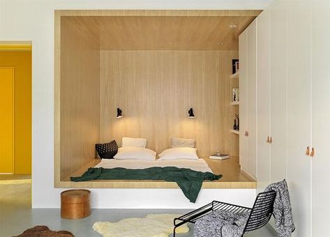 Bedroom Design Idea – Create A Built-In Bed Within A Wood-Lined Niche Odd Shaped Bedroom, Bed Nook, Moore House, Built In Bed, Built In Furniture, Yellow Walls, White Furniture, Interior Projects, White Houses