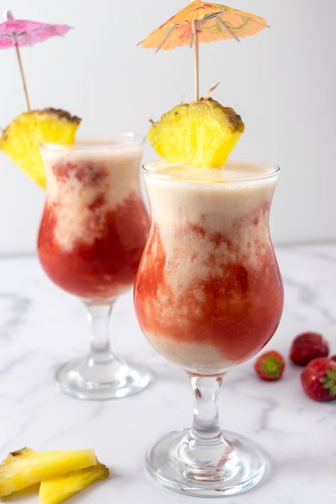 Loved Lava Flows in Hawaii? Make the Colorful Cocktail at Home Lava Flow Drink, Tropical Drink Recipes, Malibu Coconut, Cocktail Videos, Colorful Cocktails, Frozen Cocktails, Fruity Cocktails, Lava Flow, Tropical Drink