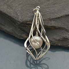 Sterling Silver Twisted Teardrop Cage with Pearl Pearl Cage Pendant, Cage Necklace, Caged Necklace, Monogram Jewelry, Charm Pendant Necklace, Teardrop Necklace, Teardrop Pendant, Natural Pearl, Pearl Pendant Necklace