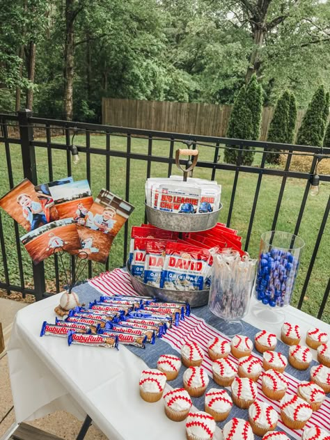 Baseball Cake Birthday, Rookie Of The Year Dessert Table, Baseball Pool Party Ideas, Baseball Theme Desserts, Baseball Birthday Decor, Baseball Birthday Decorations, Baseball Party Foods, Baseball Party Food Ideas, Baseball Dessert Table