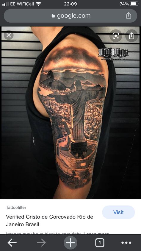 Brazilian Tattoo Ideas Brazil, Wonders Of The World Tattoo, Side Of Back Tattoo, Redeemer Tattoo, Jesus Statue Tattoo, Christ The Redeemer Tattoo, Hypebeast Stickers, Rio Tattoo, Side Back Tattoos