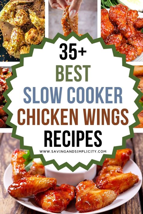 Easy to make appetizers.  Amazing game day food. Discover 35+ slow cooker chicken wings recipes for busy weeknight dinners.  Including honey BBQ chicken wings, spicy chicken wings, garlic parmesan chicken wings and many, many more wing recipes. Chicken Wings Garlic Parmesan, Wings Recipe Crockpot, Honey Chicken Crockpot, Wings Garlic Parmesan, Wings Slow Cooker, Wings Spicy, Spicy Chicken Wings Recipe, Chicken Wings Recipes, Chicken Wings Crockpot