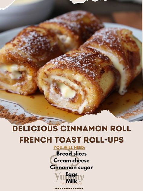 🍞🍯 Delicious Cinnamon Roll French Toast Roll-Ups - breakfast bliss! #FrenchToastRollUps #BreakfastGoals Delicious Cinnamon Roll French Toast Roll-Ups Ingredients: Bread slices (8, crusts removed) Cream cheese (4 oz, softened) Cinnamon sugar (1/4 cup) Eggs (2) Milk (1/4 cup) Butter (2 tbsp) Maple syrup (for serving) Instructions: Flatten bread slices; spread cream cheese and sprinkle with cinnamon sugar. Roll up tightly and set aside. Whisk eggs and milk in a bowl. Dip roll-ups in egg mixt... Tortilla Roll Ups Dessert, Sweet Tortilla Roll Ups, Cinnamon Roll French Toast Roll Ups, Breakfast Roll Ups, Recipes With Bread Slices, Cinnamon Roll French Toast Bake, Magical Food, Cinnamon Roll French, French Toast Roll Ups