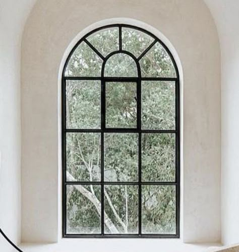 Big Arched Windows, Black Arch Window, Arch Window Bedroom, Front House Windows Ideas, Black Arched Windows, Big Arch Window, Art Deco Arch, Wal Paper, Industrial Windows