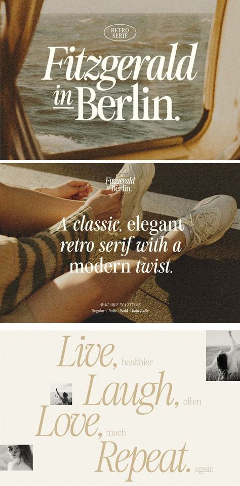 Fitzgerald - Classic Retro Serif - #logo #logodesign #elegantlogo Old Magazines Vintage Aesthetic, Modern Vintage Typography, Vintage Modern Graphic Design, Modern Classic Graphic Design, Poster Wedding Design, Vintage Fashion Branding, Trendy Fonts 2024, 90s Branding Design, Modern Vintage Branding