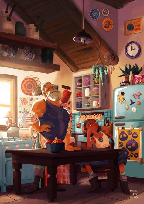 Illustration Kitchen, Kitchen Scene, Scene Illustration, Kitchen Fantasy Art, Kitchen Illustration Drawings, Kitchen Concept Art, Kitchen Background Illustration, Eating Illustration Character, Cooking Cartoon Illustration