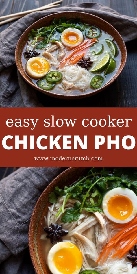 Simple Crock Pot Chicken, Crockpot Pho, Slow Cooker Pho, Low Mein, Chicken Pho Recipe, Chicken Pho Soup, Chicken Philly, Vietnamese Chicken, Chicken Pho