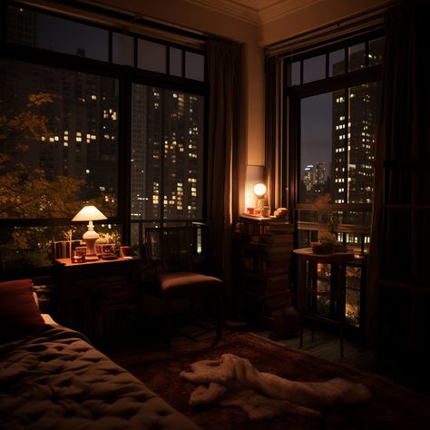 Cozy City Apartment Aesthetic, 1920 Apartment Aesthetic, London Apartment Interior Aesthetic, Dim Light Living Room, Rustic New York Apartment, Dark Cozy Apartment Aesthetic, Jazzy Apartment Aesthetic, Modern London Apartment, Bookish Apartment Aesthetic