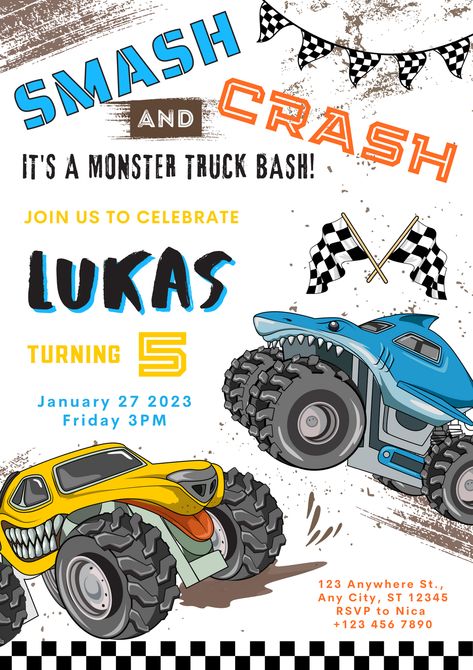 #Blue #Yellow #Monster #Truck #Boy #Birthday #Party #Invitation #Poster #birthdayboy #monstertruck #car #birthdayinvitation Monster Truck Invite Template, Monster Truck Birthday Party Invites, Monster Truck Theme 3rd Birthday Party, 2nd Birthday Monster Trucks, 3 Year Monster Truck Party, Monster Truck Birthday Invitations Free, Monster Truck Party Invite, Megalodon Monster Truck Birthday Party, Megladon Monster Truck Birthday Party