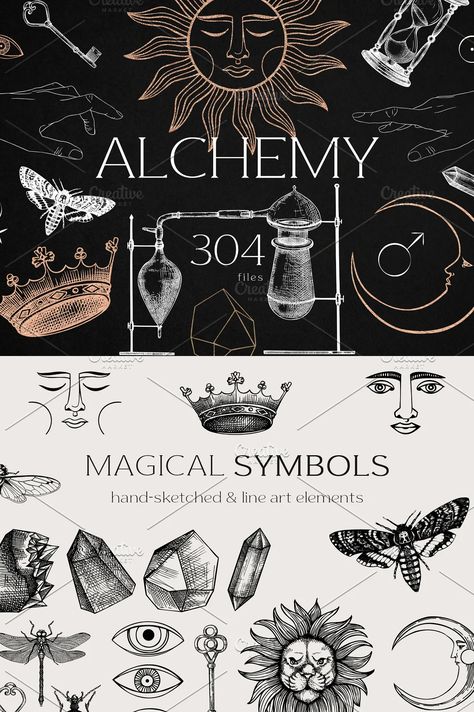 Alchemy. Magical Elements & Symbols, Graphics Alchemy Concept Art, Alchemy Graphic Design, Alchemy Aesthetic Dark, Alchemy Branding, Alchemy Art Illustrations, Magic Graphic Design, Alchemy Aesthetic, Alchemy Design, Cards Tattoos