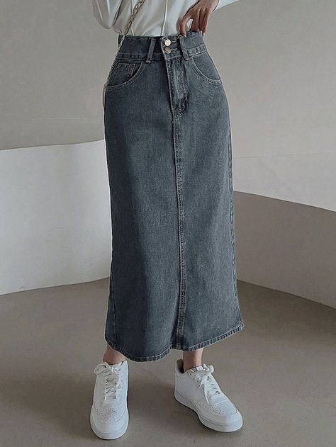 Women Vintage Washed Fitted Mid-Length Denim Skirt Blue Casual   Denim Plain Straight Non-Stretch All Women Clothing, size features are:Bust: ,Length: ,Sleeve Length: Denim Skirt Outfits, Distressed Denim Skirt, Denim Skirts, Women Diy, Casual Stripes, Women Pants Casual, Casual Denim, Fashion Sewing, Women's Casual