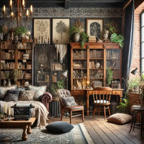 Southern Gothic Home Aesthetic, Organic Academia Decor, Apothecary Living Room, Academia Living Room Decor, Oddity Room, Woods Witch, Dark Cottagecore House, Dark Academia Interior, Wooden Bookshelves