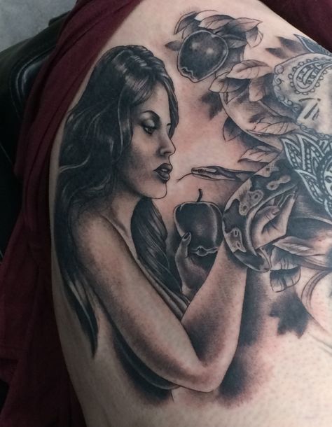 Eve and the serpent coming out of the Tree of Knowledge by Walter Frank, Revolt Tattoos Eve Eating Apple Tattoo, Lilith And Eve Tattoo, Adam And Eve Tattoo Forbidden Fruit, Adam And Eve Tattoo, Garden Of Eden Tattoo, Eve And The Serpent, Tree Tatto, Eve Tattoo, The Tree Of Knowledge