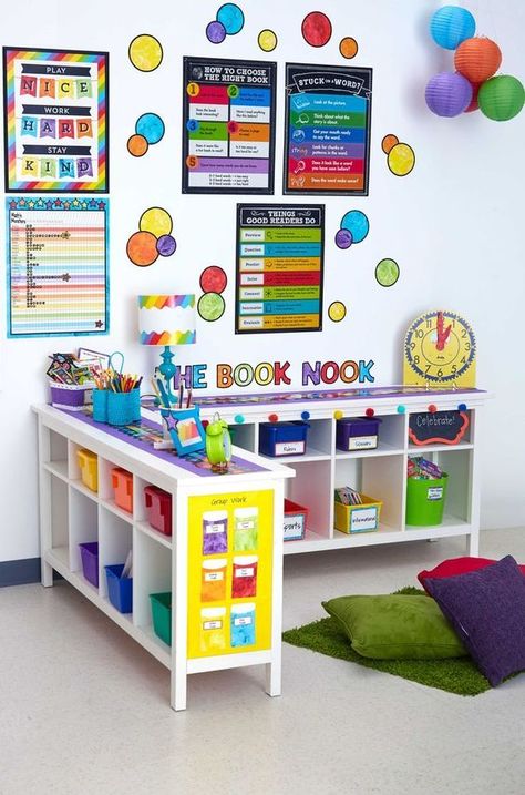 40 Amazing Homeschool Room Ideas You Absolutely Must See Preschool Classroom Layout, Homeschool Room Decor, Homeschool Room Design, Daycare Rooms, Large Library, Small Playroom, Library Pockets, Daycare Decor, Daycare Design