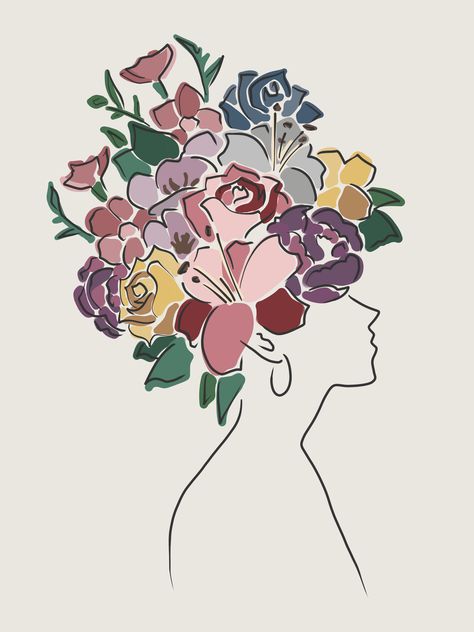 Head With Flowers Drawing, Head With Flowers Coming Out Drawing, Flowers Growing Out Of Head, Drawing Beginners, Woman With Flower Head, Head Of Flowers, Head With Flowers, Flower Line Drawing, Line Drawing Woman