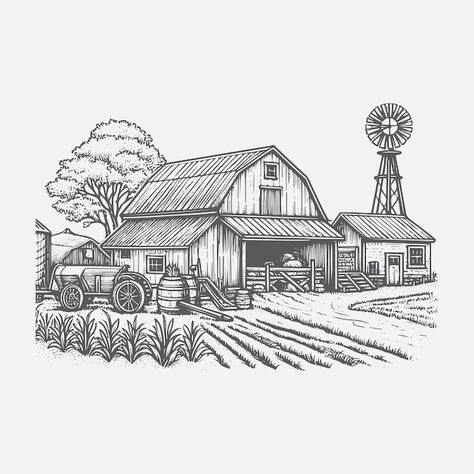 Hand Drawn Vintage Farm Illustration Farm Sketch, Barn Illustration, Farm Drawing, Pasta Packaging, Farm Illustration, Sandwich Toast, Farm Dream, Farm Vector, Speed Draw