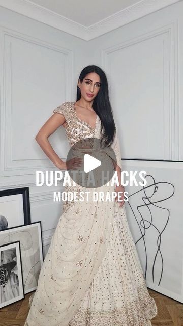 Modest Lehenga Designs, Indo Western Saree Look, How To Wear Dupatta On Lehenga, How To Drape Dupatta On Lehenga, Modest Lehenga, Drape Saree Indo Western, Indo Western Saree, Dupatta Draping, Drape Saree