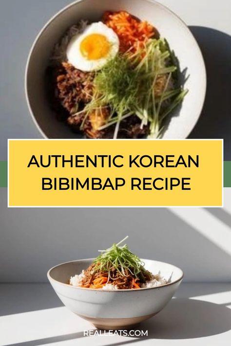 Bibimbap bowl topped with a fried egg, vegetables, and sprouts. Bim Bap Bowl, Ground Beef Bibimbap Recipe, Korean Bipinbop, Korean Bibimbap Recipe, Korean Bimbap Bowls, Korean Rice Recipes, Bibimbap Sauce, Authentic Korean Food, Korean Bibimbap