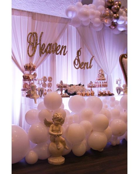 Heaven Sent Backdrop Ideas, Angel Party Theme Decoration, Heavenly Theme Decorations, Heaven Sent Gender Reveal Ideas, Angelic Baby Shower Theme, Gift From Heaven Baby Shower Theme, Heaven Sent Centerpieces, Baby Shower Heaven Sent Theme, Heavenly Sent Baby Shower Theme