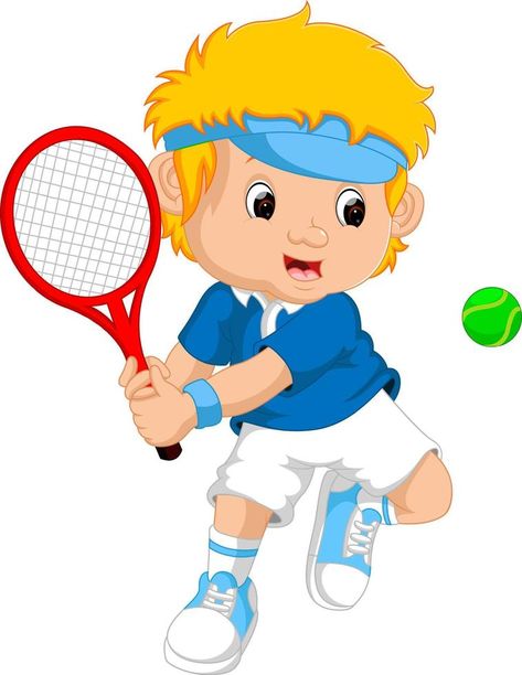 Young boy playing tennis with a racket Sports Day Banner, Farm Quilt, Football Illustration, Kids Tennis, Playing Tennis, Colouring Pics, Four Kids, Cartoon Boy, Boy Character