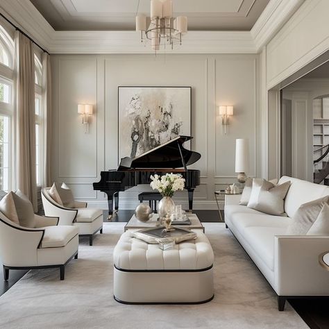 Amy Crane | Is there anything more elegant and sophisticated than a piano in a living room? It's the perfect way to add a touch of luxury and culture... | Instagram Classic Lifestyle Aesthetic, Elegant Piano Room, Black Piano Decor, New York Style Living Room, Baby Grand Piano In Living Room, Piano In Home, Piano In House, Upright Piano Living Room, Piano Room Aesthetic