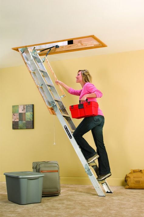 Louisville Ladder AA229GS Elite Aluminum Attic Ladder 350 Pound Capacity 22.5-Inch by 54-Inch Opening Ceiling Height 7-Foot-9-Inches to 10-Foot - - Amazon.com Attic Stairs Pull Down, Folding Stairs, Attic Renovation Ideas, Garage Attic, Attic Doors, Attic Ladder, Attic Closet, Attic Playroom, Garage Loft