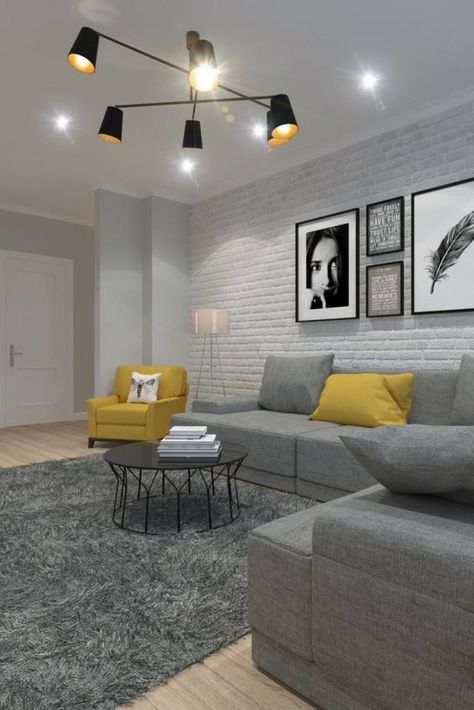 Yellow And Grey Living Room, Small Apartment Decorating Living Room, White Brick Wall, Luxury Sofa Design, Classy Living Room, Small Apartment Living Room, Small Apartment Living, White Brick, Living Room Decor Apartment